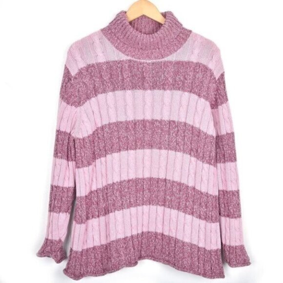 Vintage Cotton Ginny Plus Pink  Rose Striped Cable Knit Turtleneck Medium - Picture 1 of 3